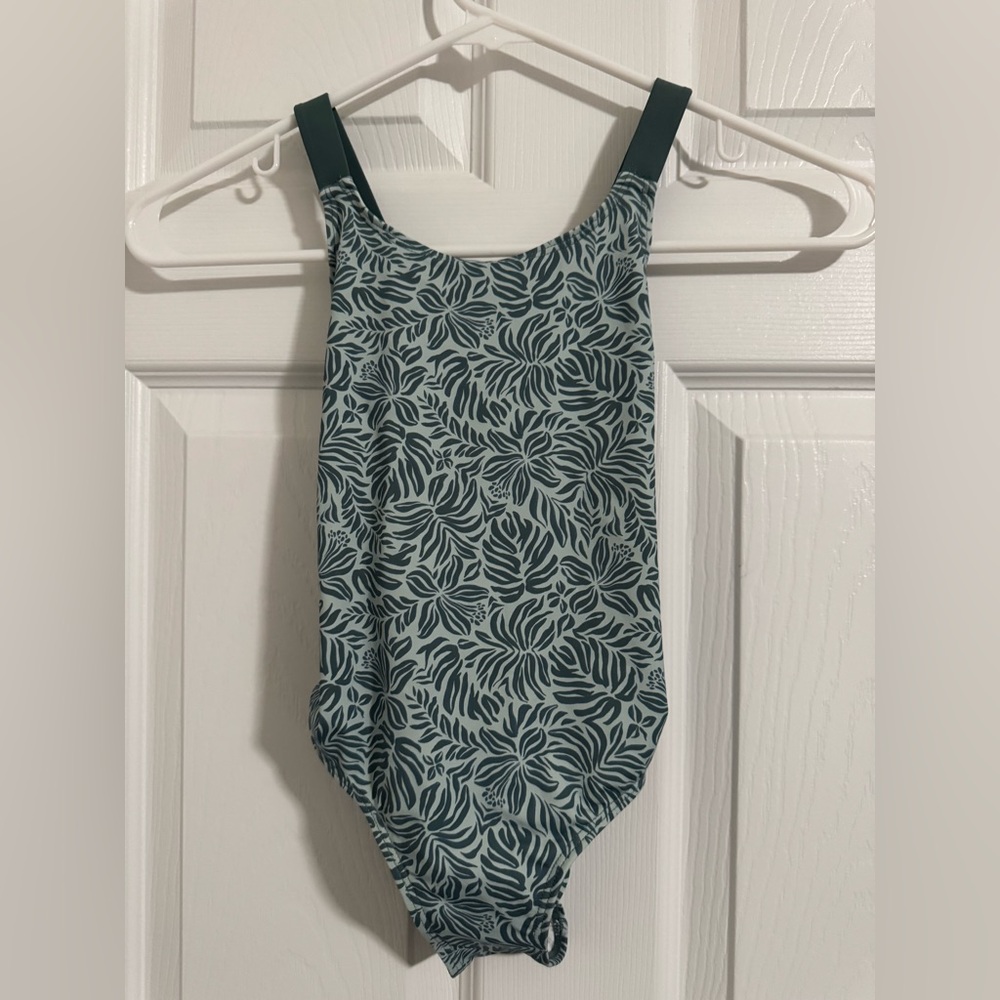 Girls Zara Teal and White Leaf-Print One-Piece Swimsuit
